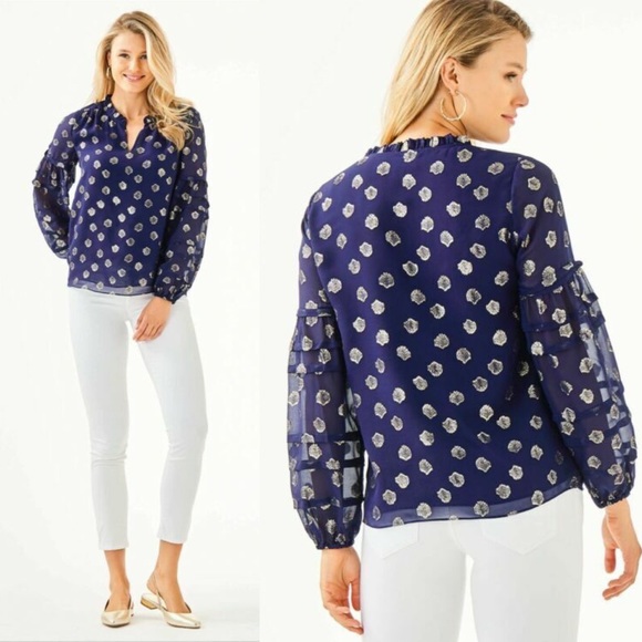 Lilly Pulitzer Giana Silk Blouse High Tide Gold Metallic Clip Navy Blue Size XL - Picture 2 of 11
